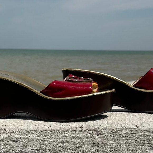 Michael Kors MK Logo with Studs Red Leather Platform Heels Wedge Slides Sandals - Picture 3 of 11